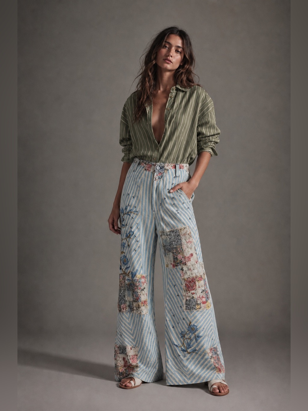 Free People Light Blue Striped Wide-Leg Patchwork Jeans